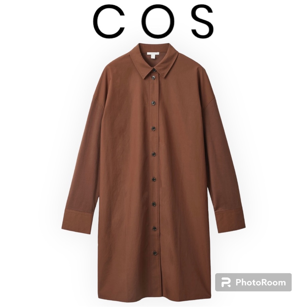 COS MIXED FABRIC SHIRT DRESS IN BROWN LONG SLEEVES MIDI BUTTON DOWN COLLAR SZ XL
